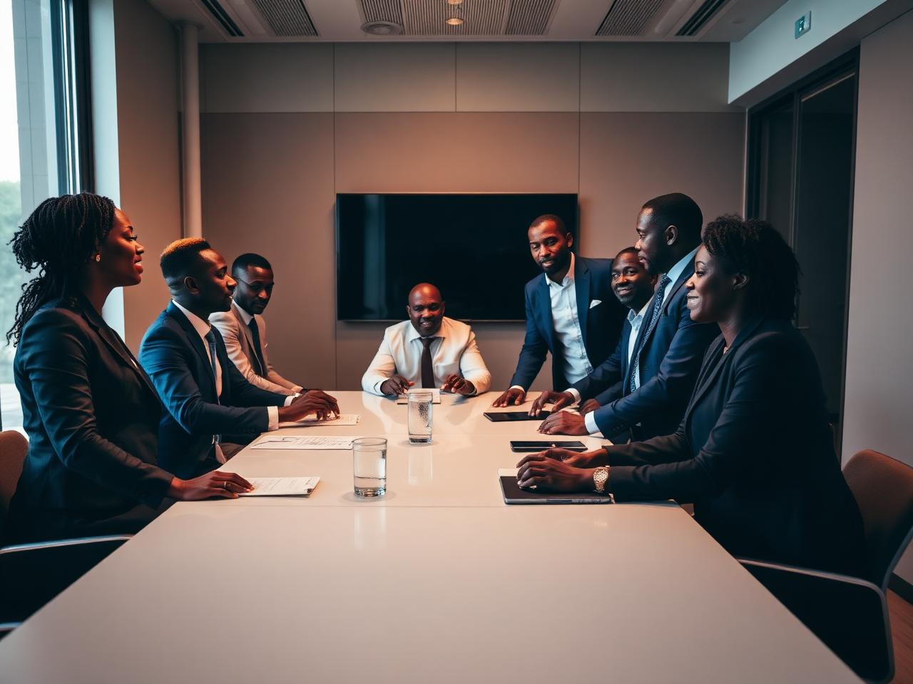 Harlog leadership team collaborating in a modern Lagos boardroom