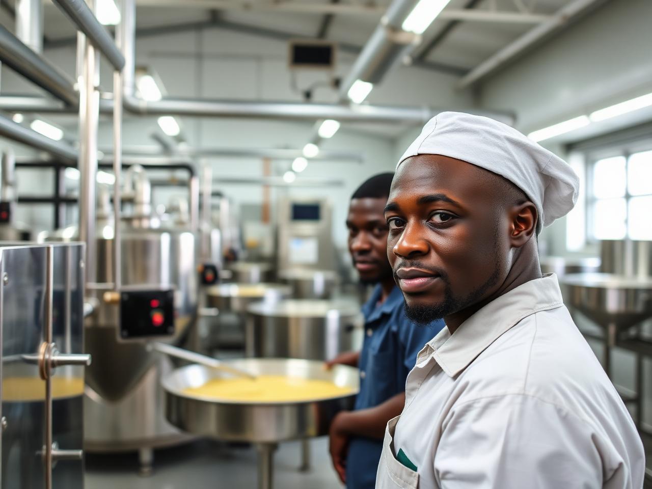 Workers operating stainless-steel processing equipment in a Nigerian facility