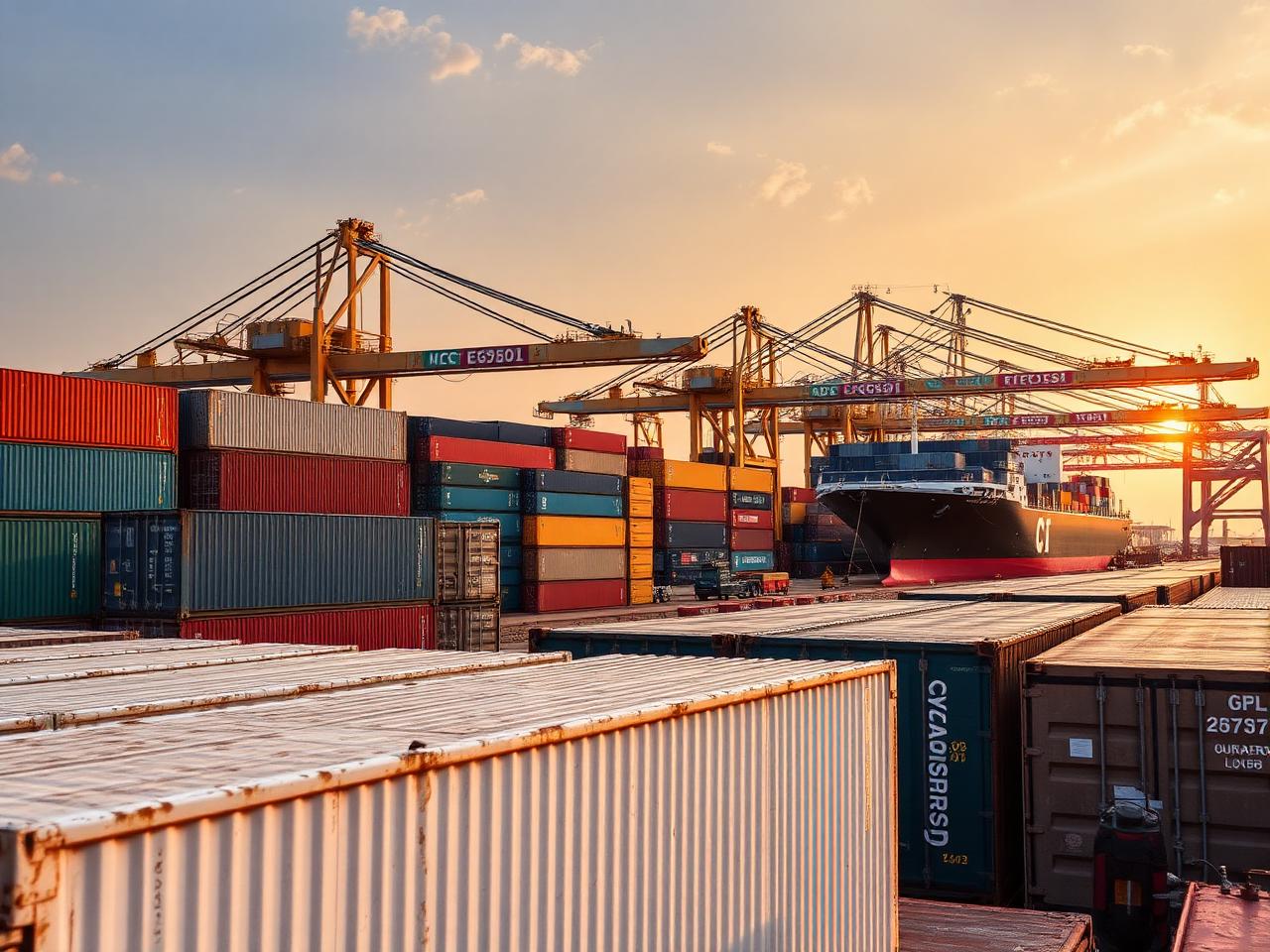 Container port at sunset representing export and trade activity
