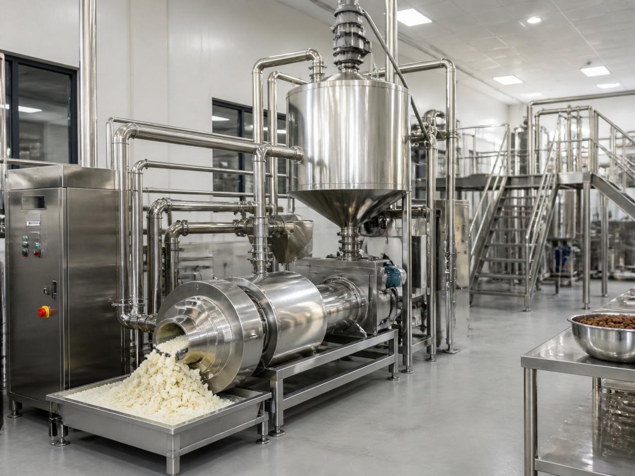 Modern industrial shea butter processing plant with stainless steel machinery