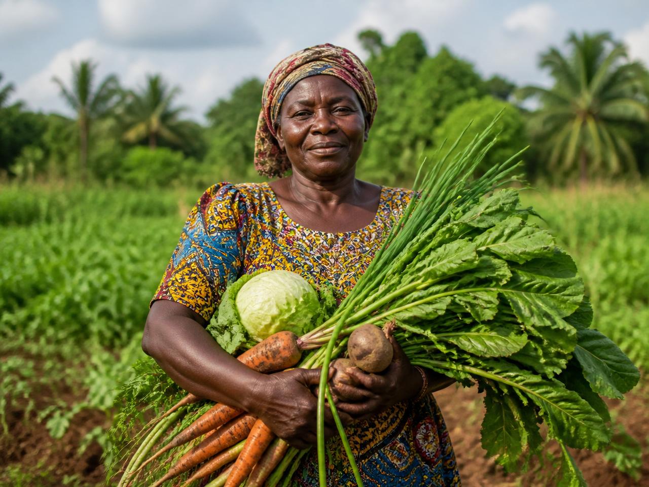 African woman farmer holding fresh harvest in a green field